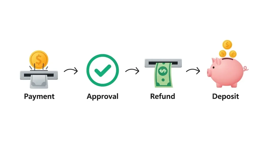 신용카드 결제와 환불 과정을 나타낸 금융 프로세스 일러스트