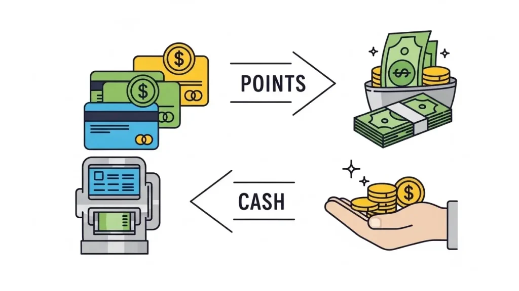 카드 포인트가 현금으로 전환되는 흐름을 표현한 2D 금융 일러스트
