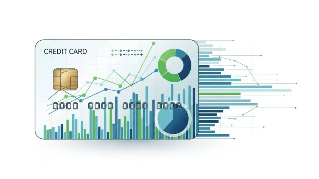 하이브리드 카드 구조와 금융 그래프가 조합된 2D 일러스트