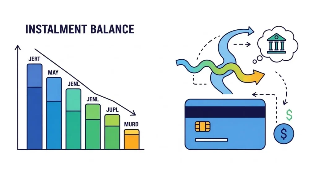 신용 카드 할부 그래프와 환불 흐름을 표현한 2D 금융 일러스트